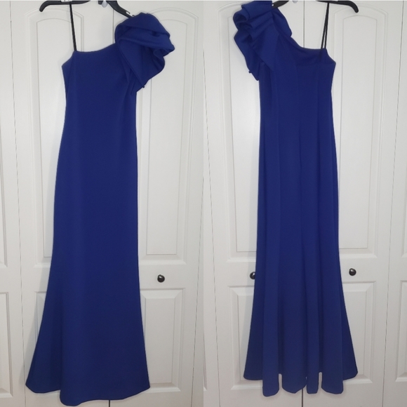 Betsy & Adam Cobalt Blue One-Shoulder Ruffled Scuba Gown Dress size 4 - Picture 2 of 16
